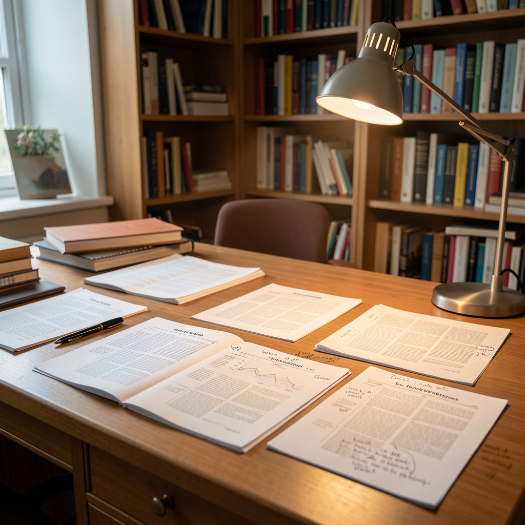 Nutritional research papers and journal printouts spread on a large desk with a lamp illuminating handwritten annotation notes in a quiet study environment