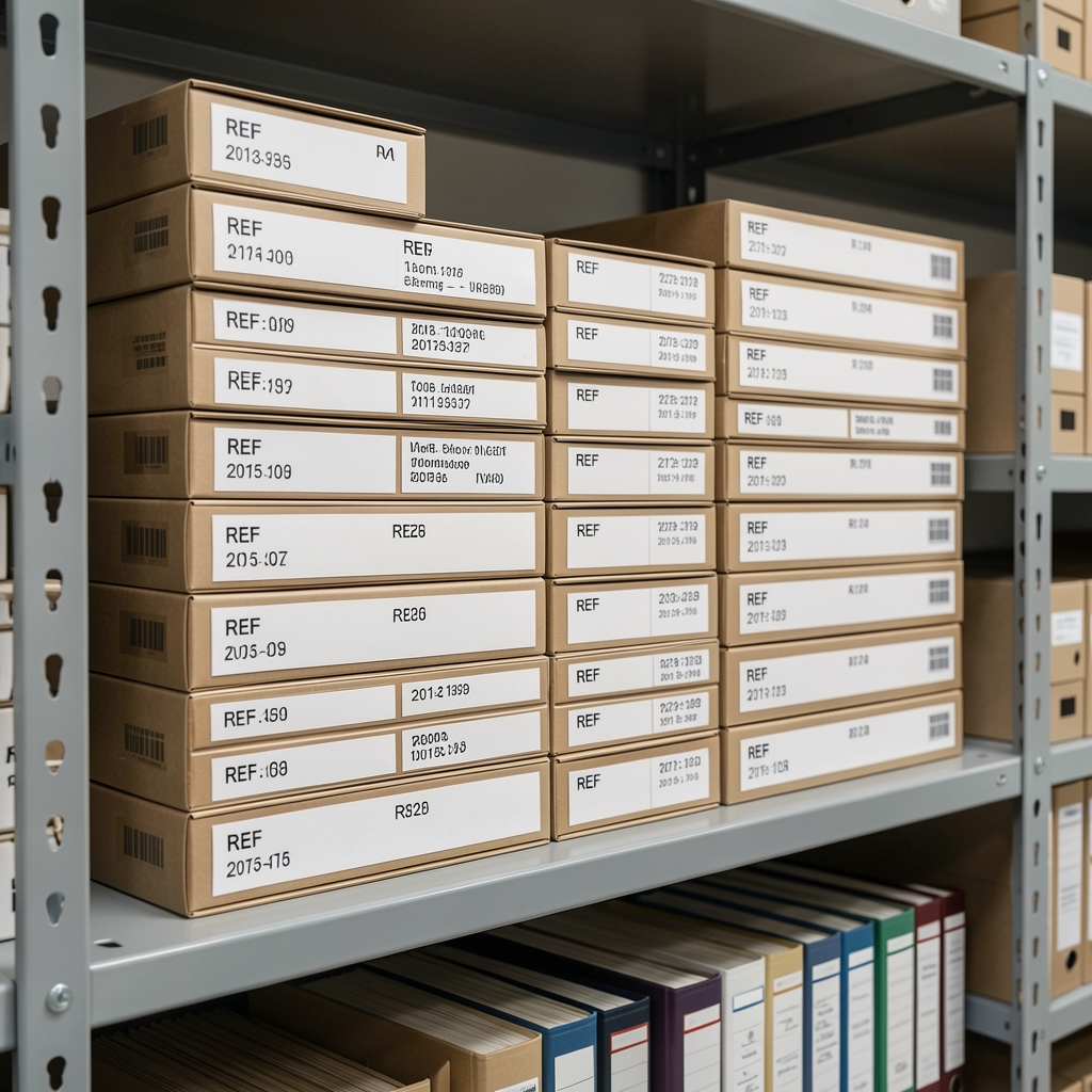 Archived batch documentation folders stacked neatly on a shelf in a clean storage room, each labelled with REF codes and date ranges, representing the Olamiren composition archive