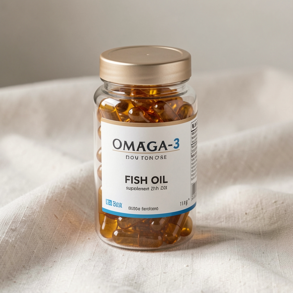 Omega-3 fish oil capsule supplement container with amber-coloured capsules visible through transparent container walls on a clean linen textile surface