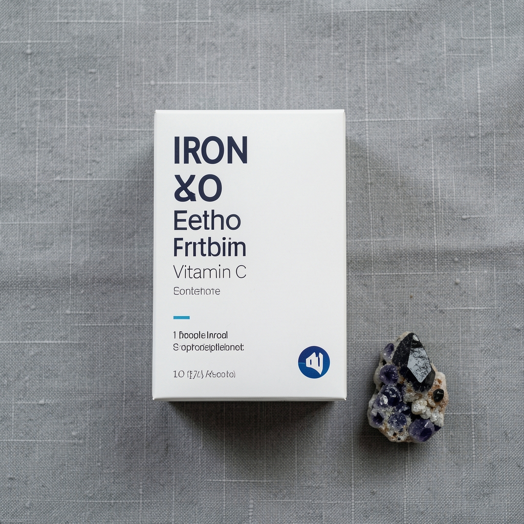 Iron and vitamin C combination supplement packaging in clean minimal design on a neutral grey linen surface with a small iron mineral sample alongside